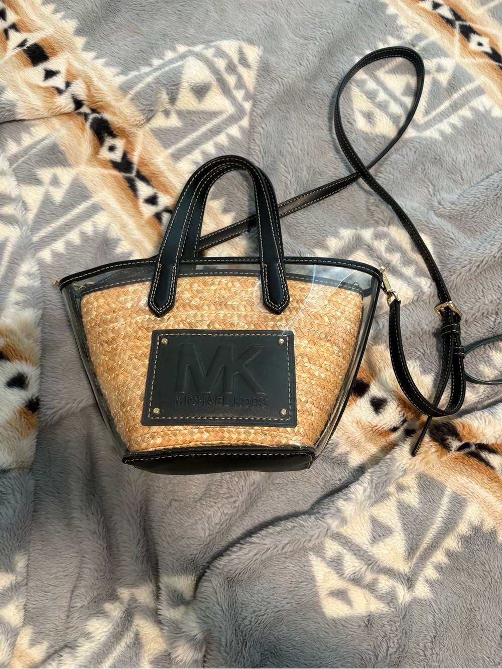 Michael Kors Black-Trim Straw Crossbody Bag